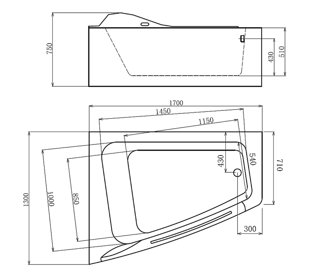 Акриловая ванна Gemy 170х130 G9056 O L с гидромассажем