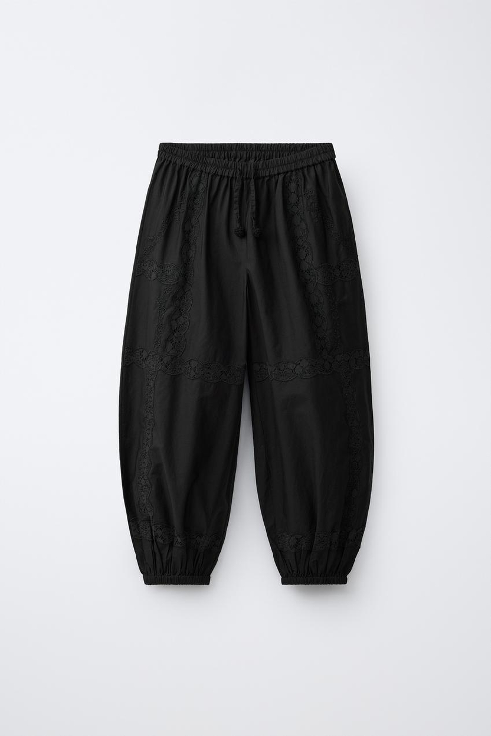 ZARA БРЮКИ-БОМБЕРЫ С ВЫШИВКОЙ LACE, ЧЕРНЫЙ
