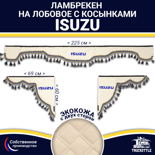 Ламбрекен с косынками двусторонние Isuzu (экокожа, бежевый, синие кисточки)
