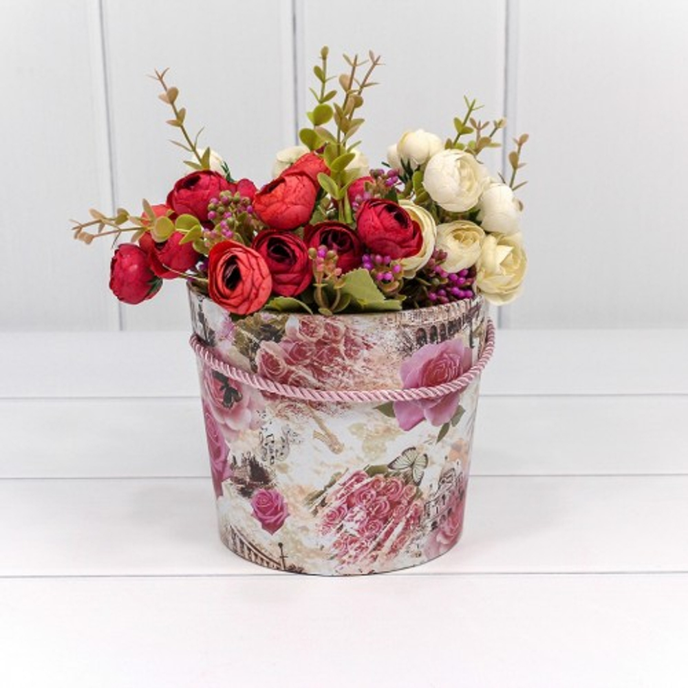 Коробка Ваза для цветов 15х13 см "Цветы" с ручкой (Белый)