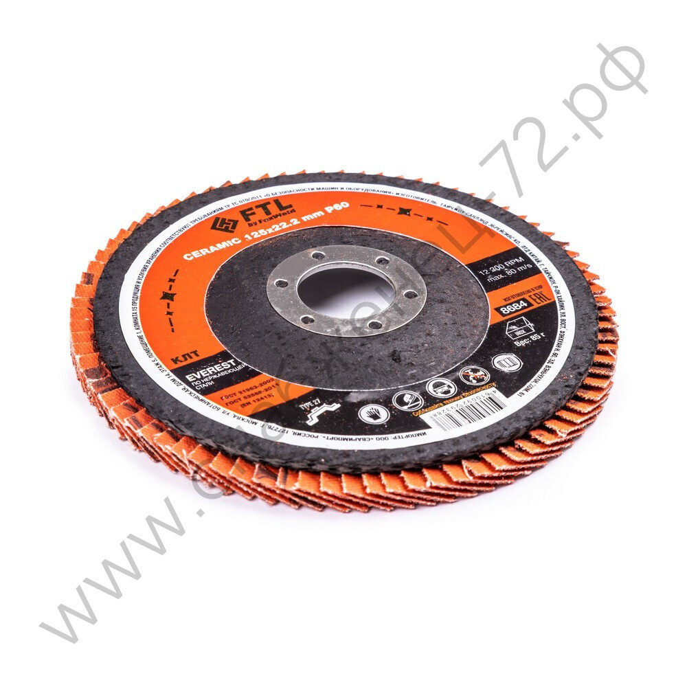 Круг лепестковый с керамическим абразивом для шлифования по нержавеющей стали FTL Everest 27 125 х 22,2 мм P60