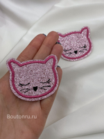 Нашивка розовая с блестками котёнок 5х4,5 см