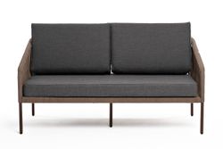 "Канны" диван 2-местный плетеный из роупа, каркас алюминий коричневый (RAL8016) муар, роуп коричневый круглый, ткань темно-серая 027