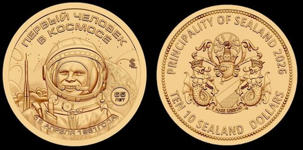 Княжество Силенд 10 долларов 2026 №7 История Российской Космонавтики - 65 лет Первому полету в космос, Юрий Гагарин