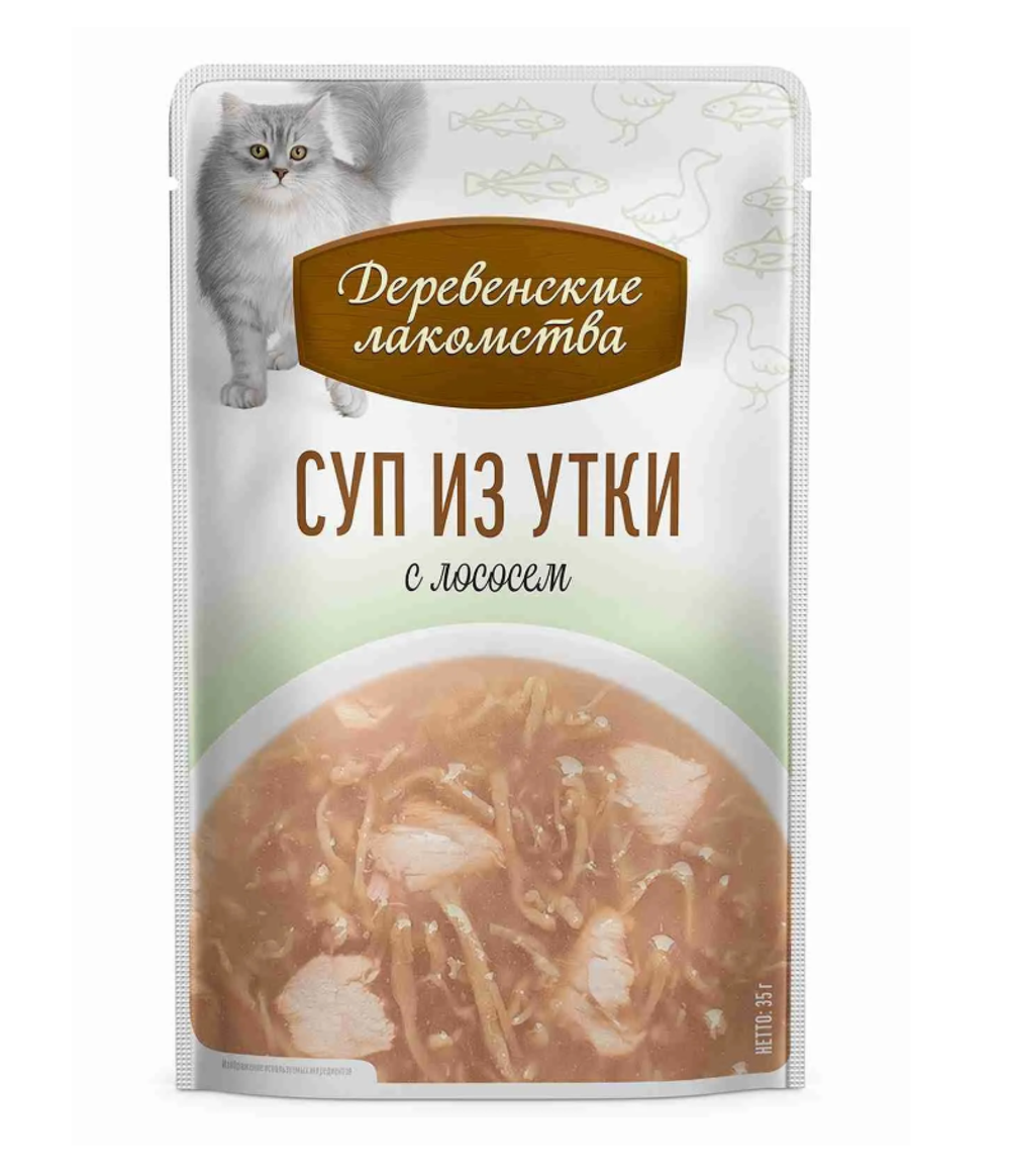 Лакомство "Суп из утки с лососем", для кошек, 35г х 4 шт. Деревенские лакомства