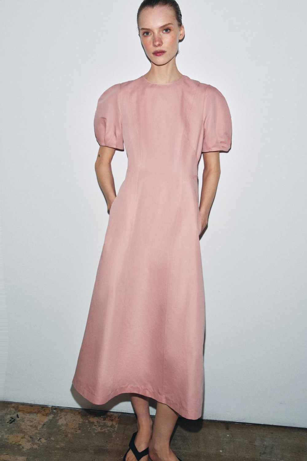 ZARA ПЛАТЬЕ МИДИ ИЗ СМЕСОВОГО ЛЬНА — ZW COLLECTION, РОЗОВЫЙ