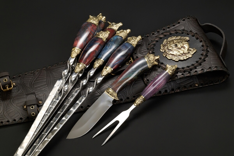 Подарочный набор шампуров "Премиальный №2", Карельская береза, чехол из натуральной кожи