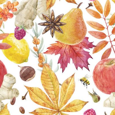 Акварельный осенний паттерн, Осенние листья и фрукты