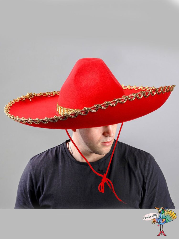 шляпа Сомбреро красная с золотой тесьмой, 60 х 23 см, фетр