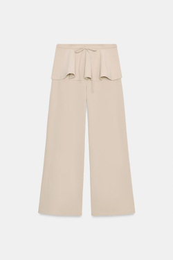 ZARA БРЮКИ С ШИРОКИМИ ШТАНИНАМИ И ОБОРОЧКАМИ НА ПОЯСЕ, БЕЖЕВЫЙ