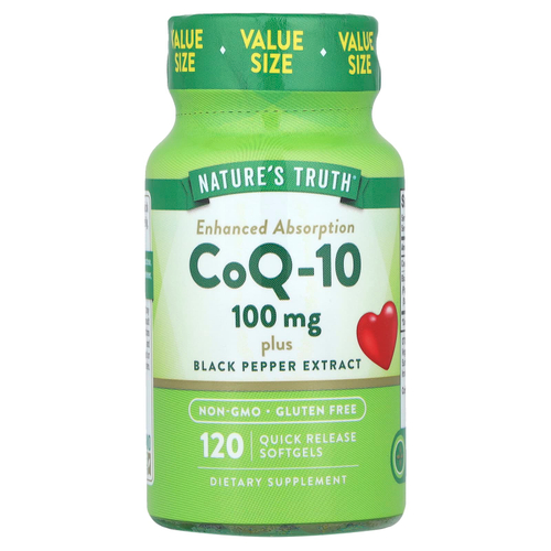 Nature's Truth, CoQ-10 с экстрактом черного перца, улучшенное усвоение, 100 мг, 120 капсул с быстрым высвобождением