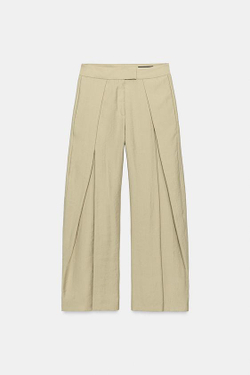 ZARA БРЮКИ WIDE-LEG С ЗАЩИПАМИ — ZW COLLECTION, СВЕТЛО-ОЛИВКОВЫЙ