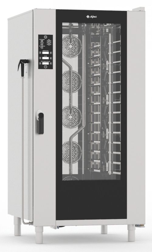 11000027030 Абат Конвекционная печь КЭП-16, стационарные направляющие на 16 уровней 400х600 мм, нерж. камера, пароувлажнение - инжекция, 2 скорости вращения вентиляторов, память на 110 программ, до 4-ех этапов в программе, ручной душ в комплекте, без противней, корпус нерж.