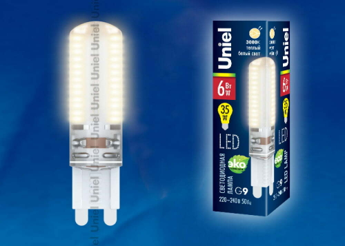 LED-JCD-6W/WW/G9/CL SIZ03TR Лампа светодиодная с силиконовым покрытием. Цвет свечения теплый белый. Упаковка картон. ТМ Uniel