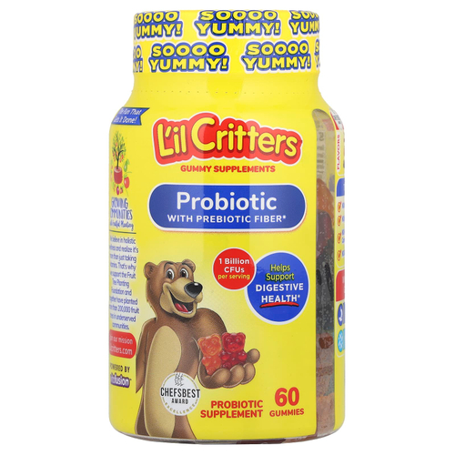 L'il Critters, Пробиотик с пребиотической клетчаткой, со вкусом вишни, апельсина и винограда, 60 жевательных таблеток (0,5 млрд КОЕ в жевательной таблетке)