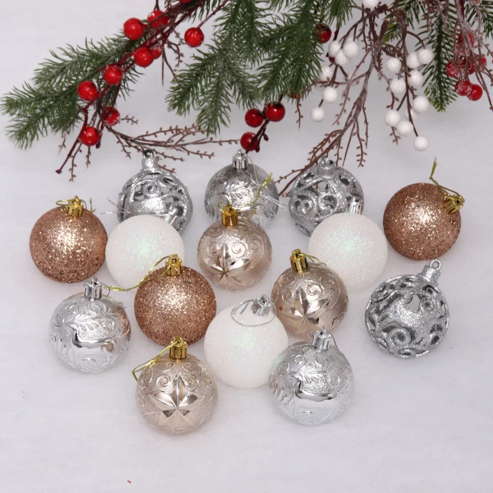 Набор шаров «Сказочная симфония» 6 см (24 предмета), шампань/серебро/белый