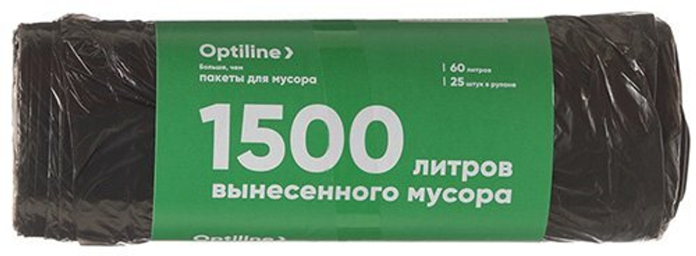 Мешки для мусора Optiline, 60 литров, 60х80 см, 10 мкм, черные, 25 штук в рулоне, 1000 штук в коробке