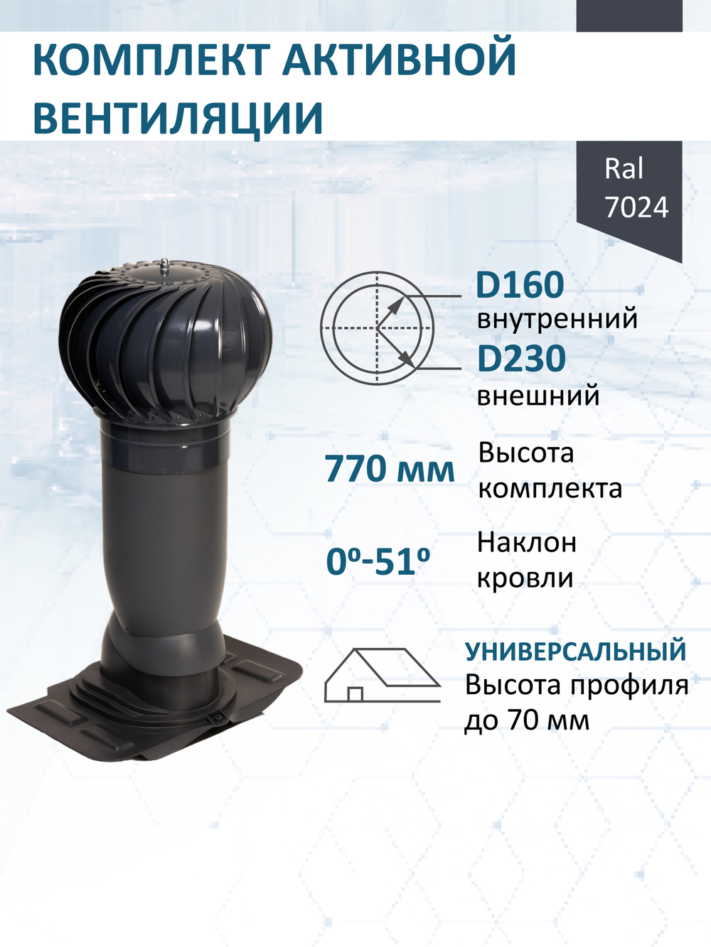 Комплект активной вентиляции: Вентиляционный выход изолированный Vilpe D160/225 утепленный высота H=500 мм, проходной элемент универсальный кровельный (Universal), турбодефлектор Ø 230 мм, серый графит