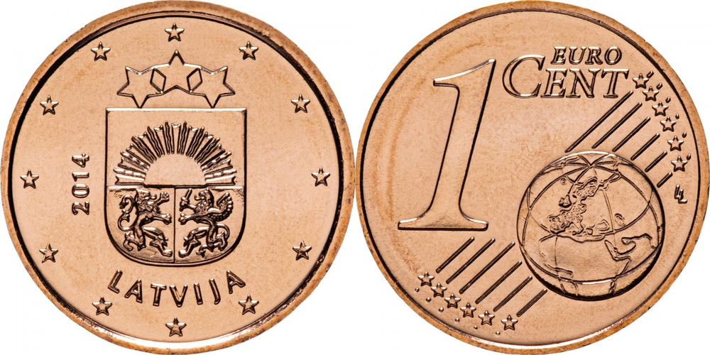 Латвия 1 евроцент, 2014-2022 XF