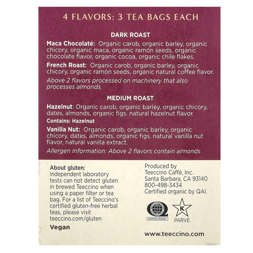 Teeccino, набор чая из обжаренных трав, 4 вкуса, без кофеина, 12 чайных пакетиков, 72 г (2,54 унции)