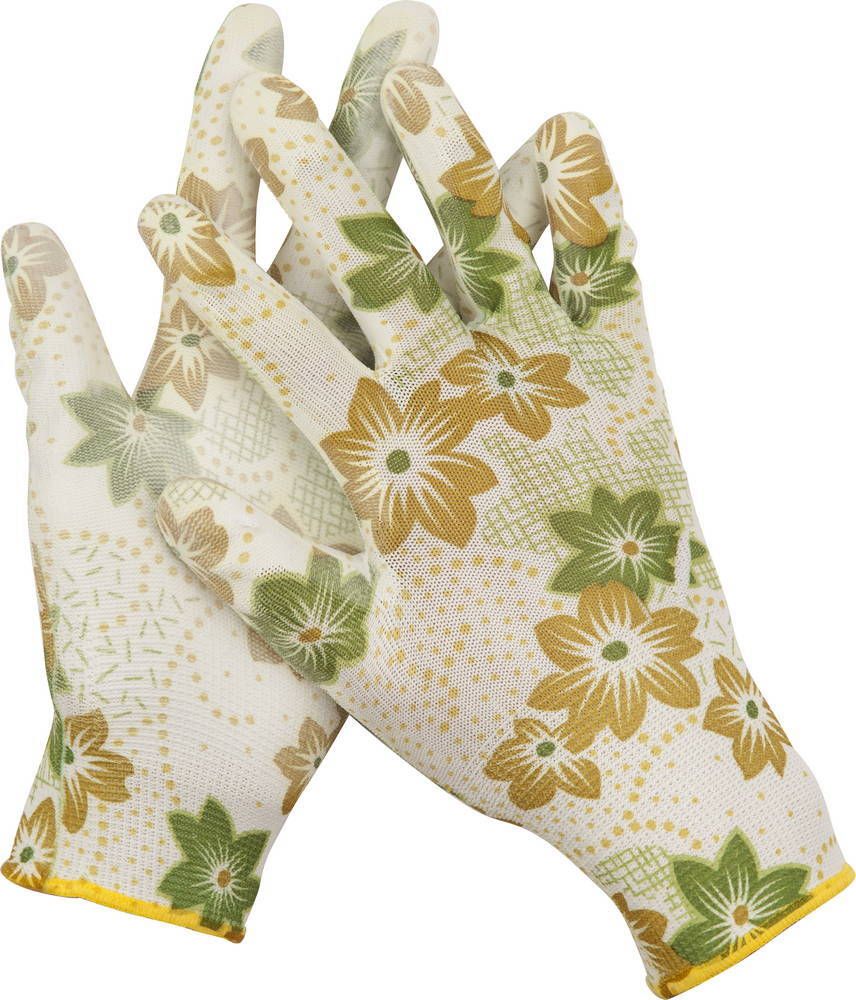 Садовые перчатки GRINDA, прозрачное PU покрытие, 13 класс вязки, бело-зеленые, размер M