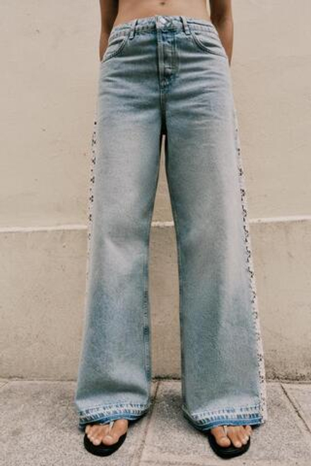 ZARA ДЖИНСЫ Z1975 WIDE LEG С ВЫСОКОЙ ПОСАДКОЙ И КОМБИНИРОВАННОЙ ВЯЗКОЙ КРЮЧКОМ, ВЫЦВЕТШИЙ СИНИЙ
