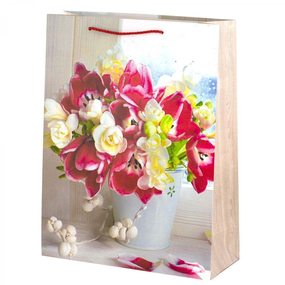 Пакет подарочный бумажный Alingar, (L+) 26х32х10 см, вертикальный, "Букеты", матов. ламинация, ассорти