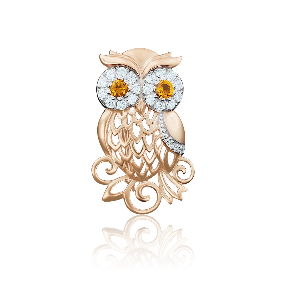 Брошь-подвеска «Сова» из красного золота с фианитами