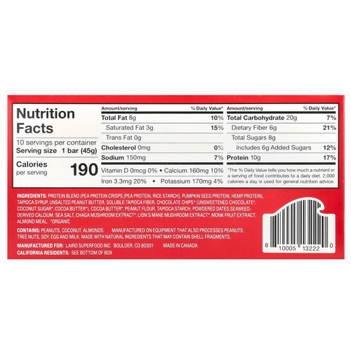 Laird Superfood, Протеиновый батончик + адаптогены, арахисовая паста с шоколадной крошкой, 10 батончиков по 45 г (1,6 унции)