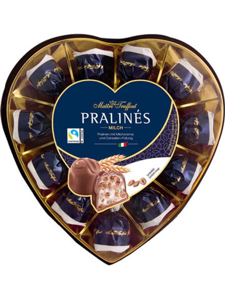 Конфеты MAITRE TRUFFOUT Pralines молочный шоколад, молочный крем и злаки, сердце 165г (1*8)