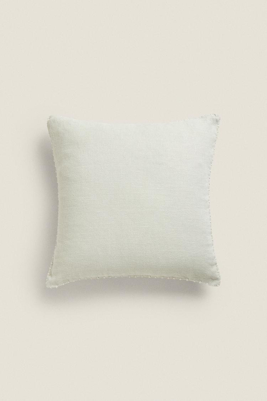 ZARA HOME ОДНОТОННЫЙ ЛЬНЯНОЙ ЧЕХОЛ ДЛЯ ДЕКОРАТИВНОЙ ПОДУШКИ С КОНТРАСТНОЙ СТРОЧКОЙ, ЗЕЛЕНОВАТЫЙ