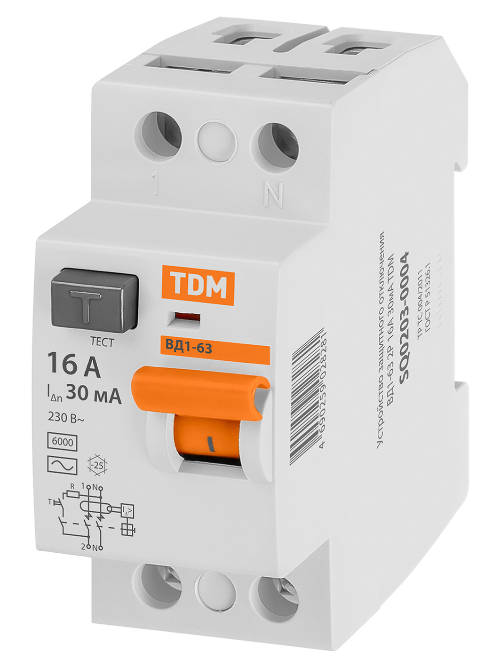 Устройство защитного отключения (УЗО) ВД1-63 2Р 16А 30мА TDM SQ0203-0004