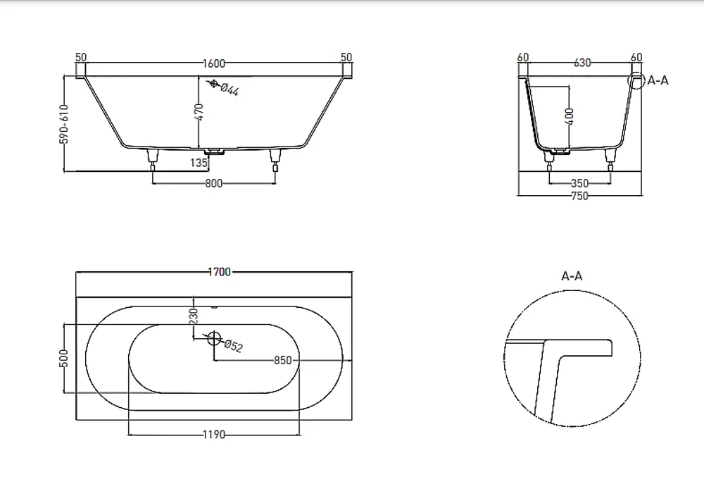 Ванна Salini Ornella AXIS S-Sense 170x75 103413G белая