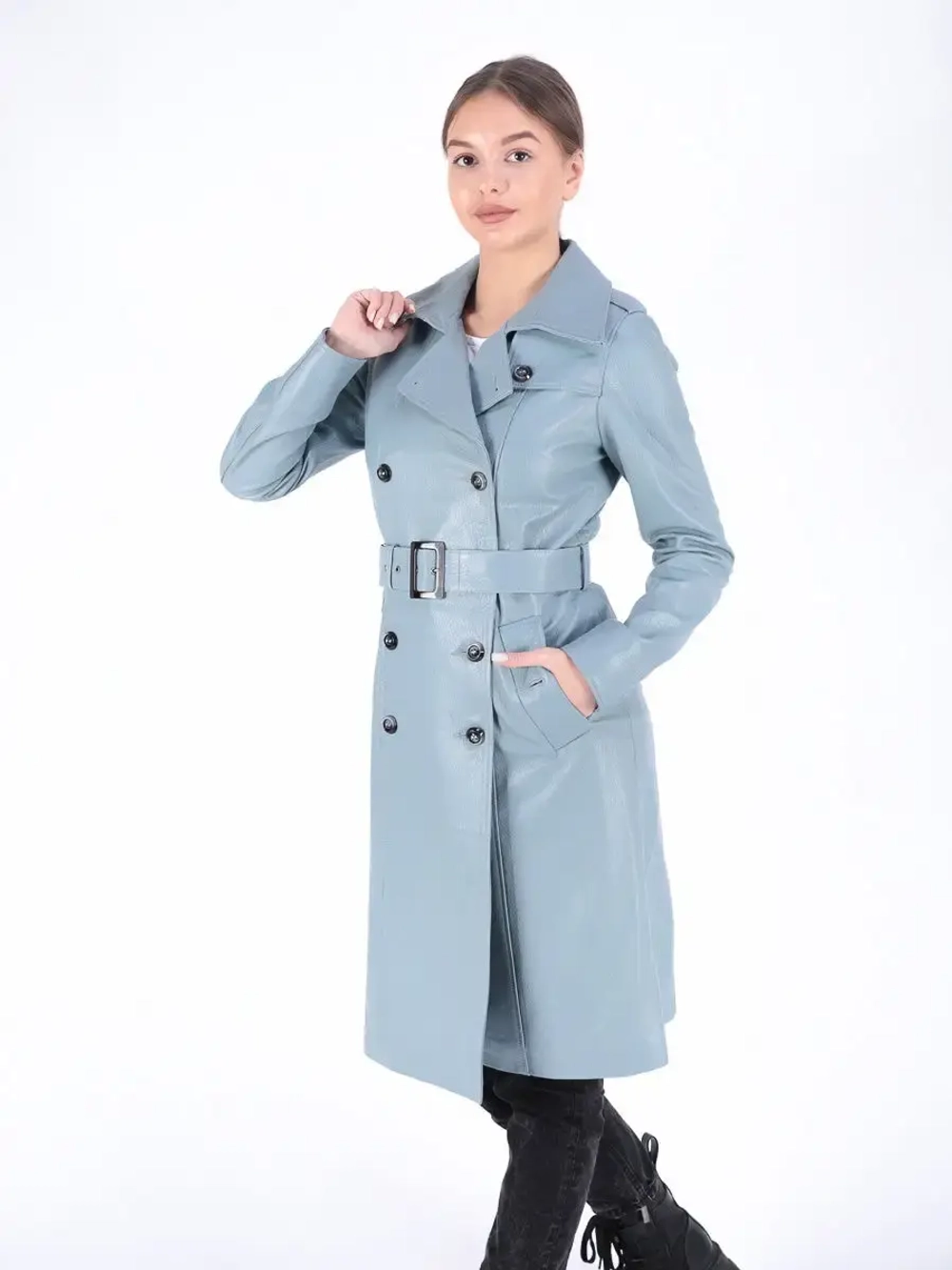 Тренч длинный кожаный с поясом плащ на весну