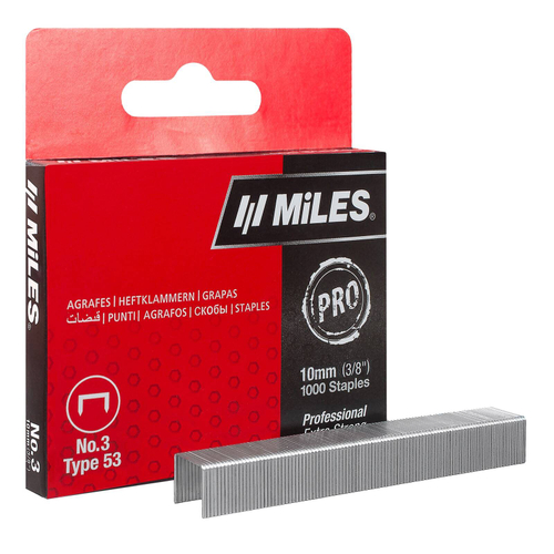 N3-10mm Скобы для степлера, тип53, PRO, заострены, закалены, оцинкованы, 10мм 1000шт., (уп.)