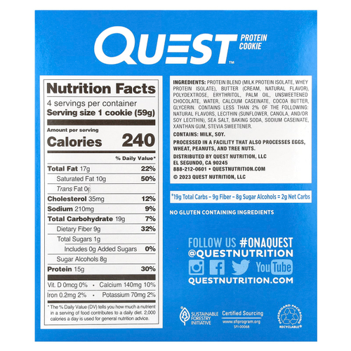 Quest Nutrition, Протеиновое печенье, шоколадная крошка, 4 пакетика, 59 г (2,08 унции)