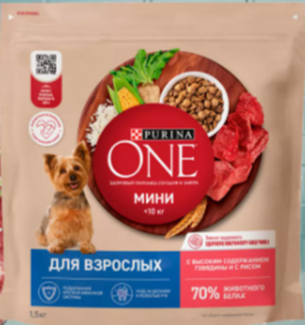 Purina ONE Мини Сухой корм для взрослых собак говядина рис, 1,5 кг.