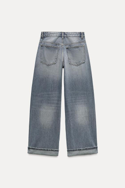ZARA ДЖИНСЫ TRF RELAXED С НИЗКОЙ ПОСАДКОЙ И ОТВОРОТАМИ, СЕРО-СИНИЙ