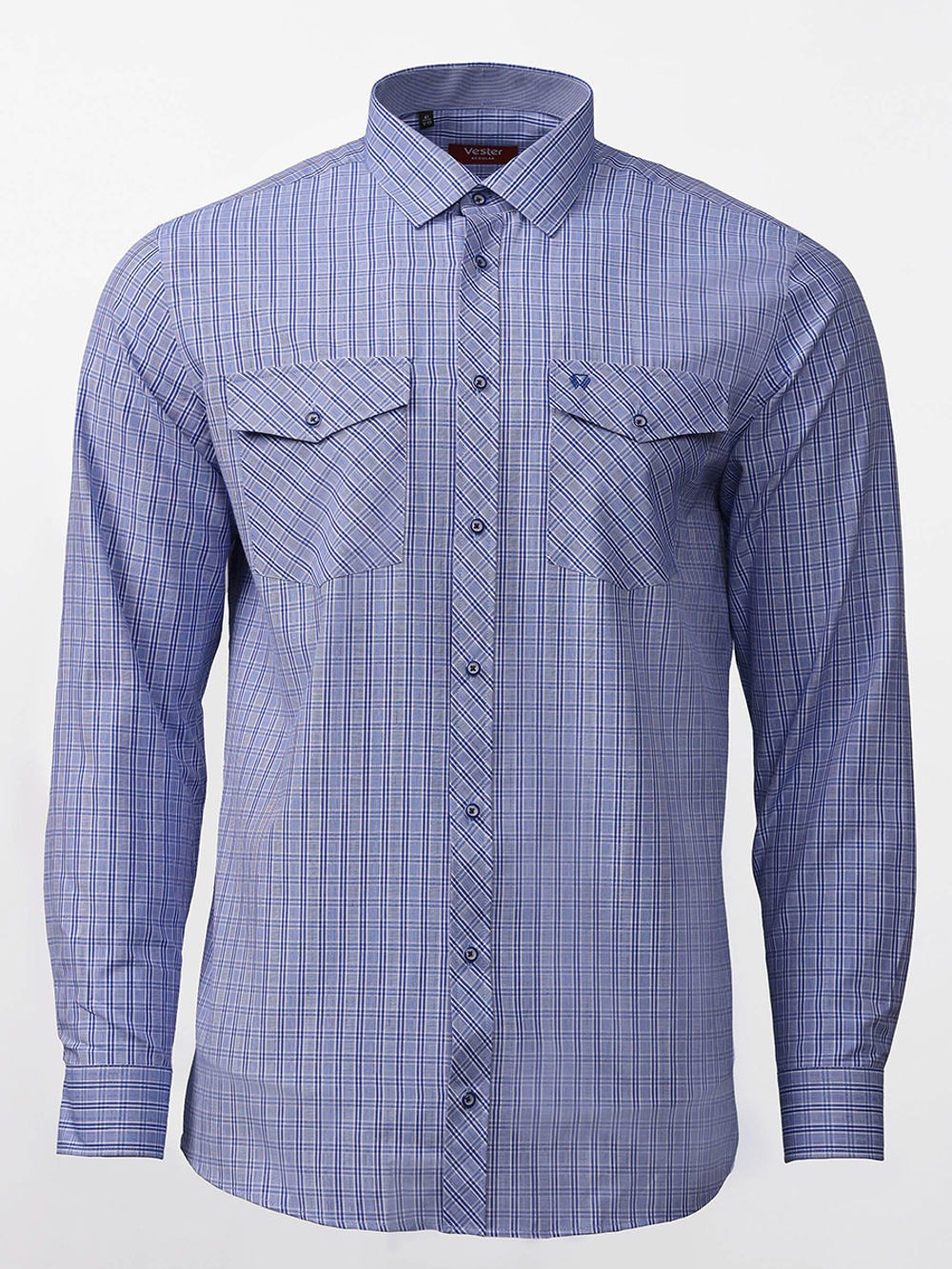 Сорочка мужская VESTER длинный рукав, цвет синий, клетка, хлопок/пэт 50314 49