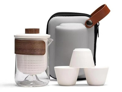 322006 Сервиз ДОРОЖНЫЙ "На троих" чайник 300мл, 3 пиалы 50мл, в дорожном чехле, керамика, белый