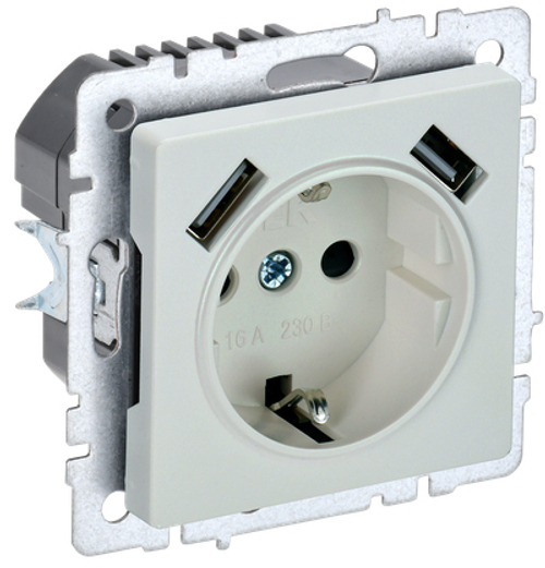BRITE Розетка 1-местная с заземлением с защитными шторками 16А с USB A+A 5В 3,1А РЮш10-2-БрЖ жемчуг IEK