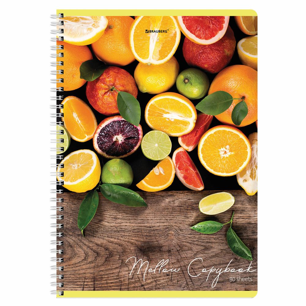 Тетрадь А4, 80 л., BRAUBERG, гребень, клетка, обложка картон, "Фрукты", 404051, 4шт