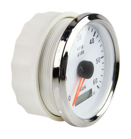Тахометр 0-6000 об/мин со счетчиком моточасов делитель 1-10, белый циферблат, нержавеющий ободок
