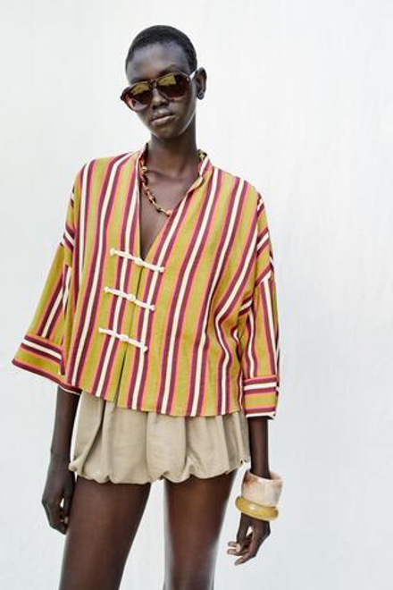 ZARA РУБАШКА В ПОЛОСКУ С ЗАСТЕЖКАМИ-ТОГГЛ, РАЗНОЦВЕТНЫЙ