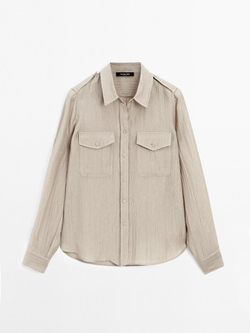 Massimo Dutti Рубашка из струящейся полупрозрачной ткани с карманами, бежевый