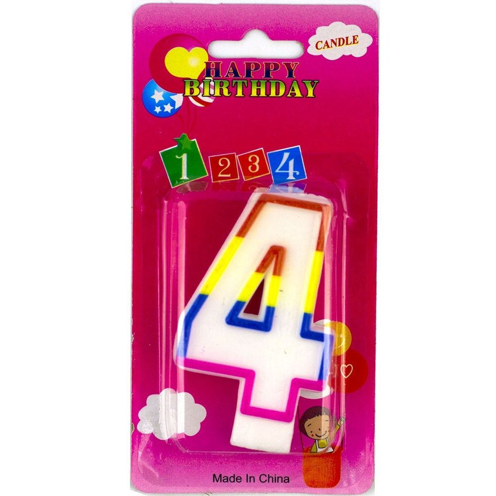 Свеча для торта с держателем Alingar, 7,0 см, "Цифра 4", белый цвет, цветная окантовка, блистер с европодвесом