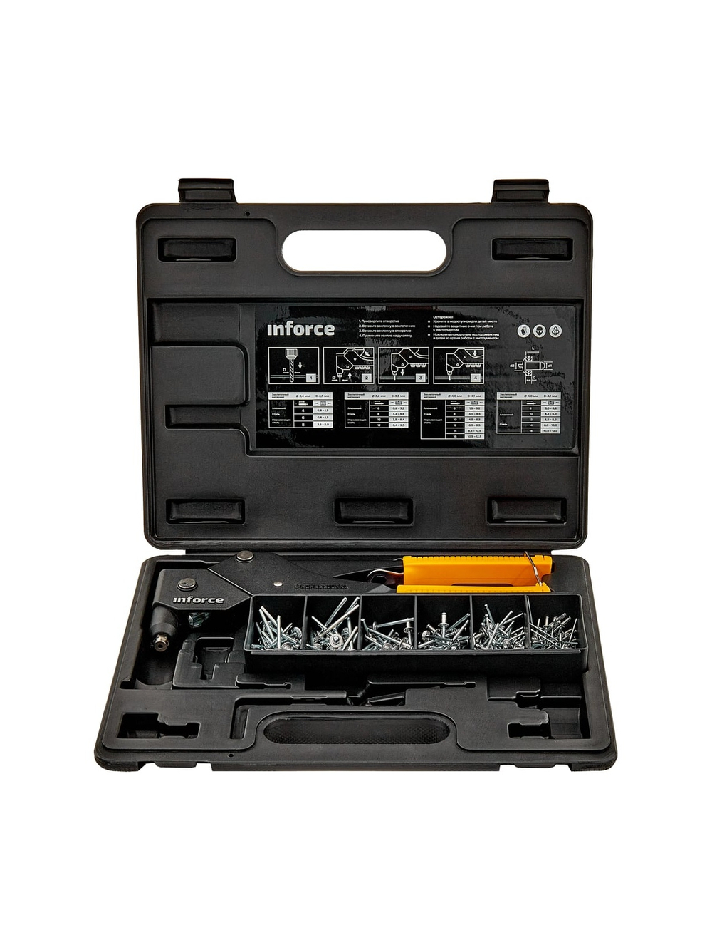 Литой ручной заклепочник Inforce поворотный 360 град., в кейсе, с набором заклепок 2.4-4.8 мм 06-14-111