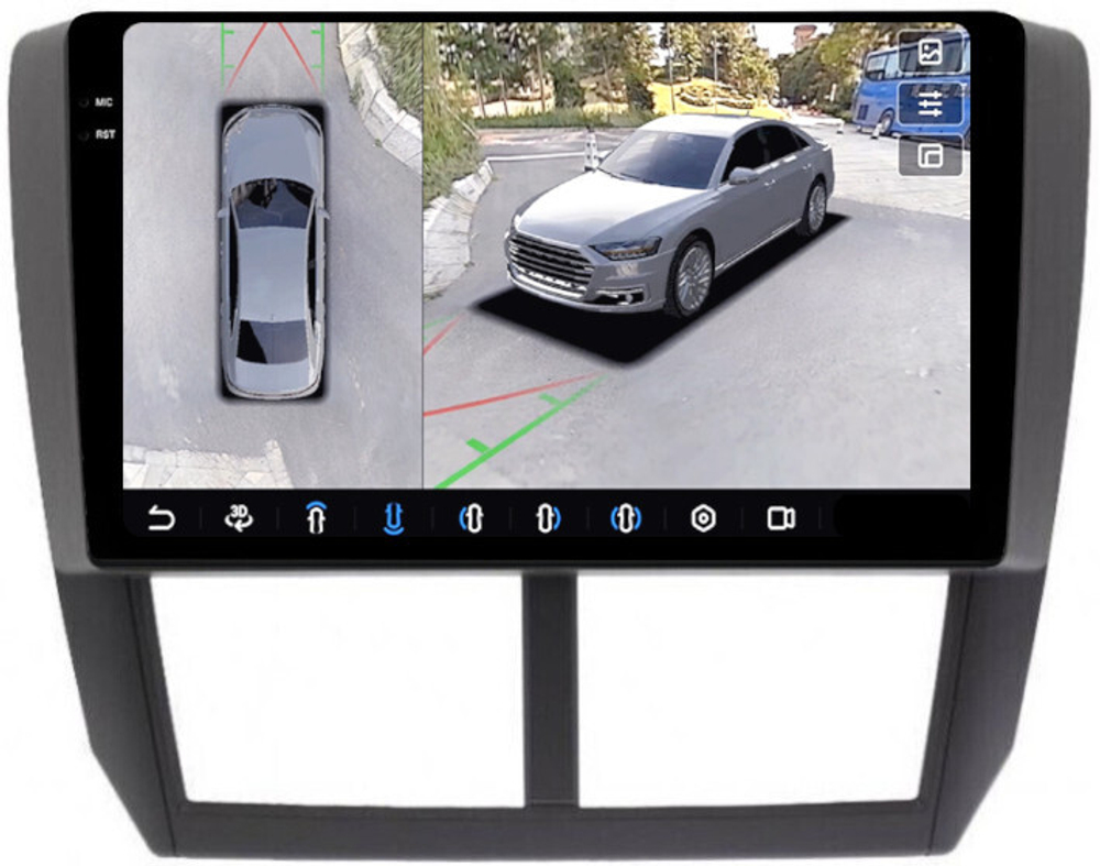 Магнитола для Subaru Forester 3 2008-2013, Impreza 3 2007-2011 - FarCar BX062M-360 монитор 9.5" 2K QLED на Android 13, 6Гб+128Гб, CarPlay, 4G SIM-слот, 4 камеры в комплекте