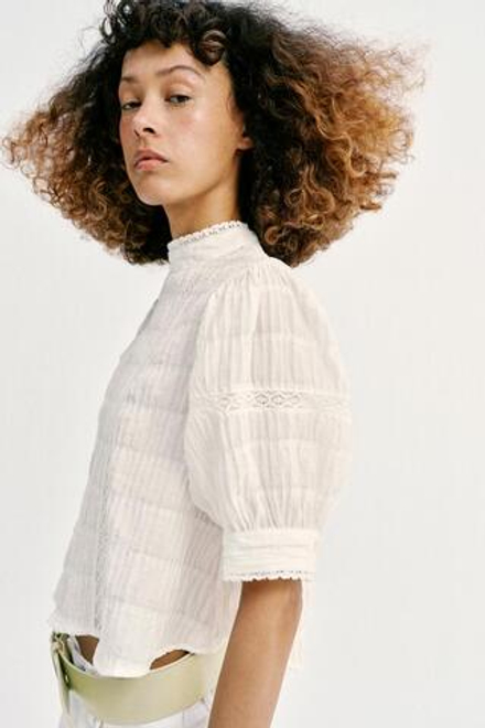 ZARA РУБАШКА С КРУЖЕВОМ И РУКАВАМИ-БУФФАМИ, БЕЛЫЙ