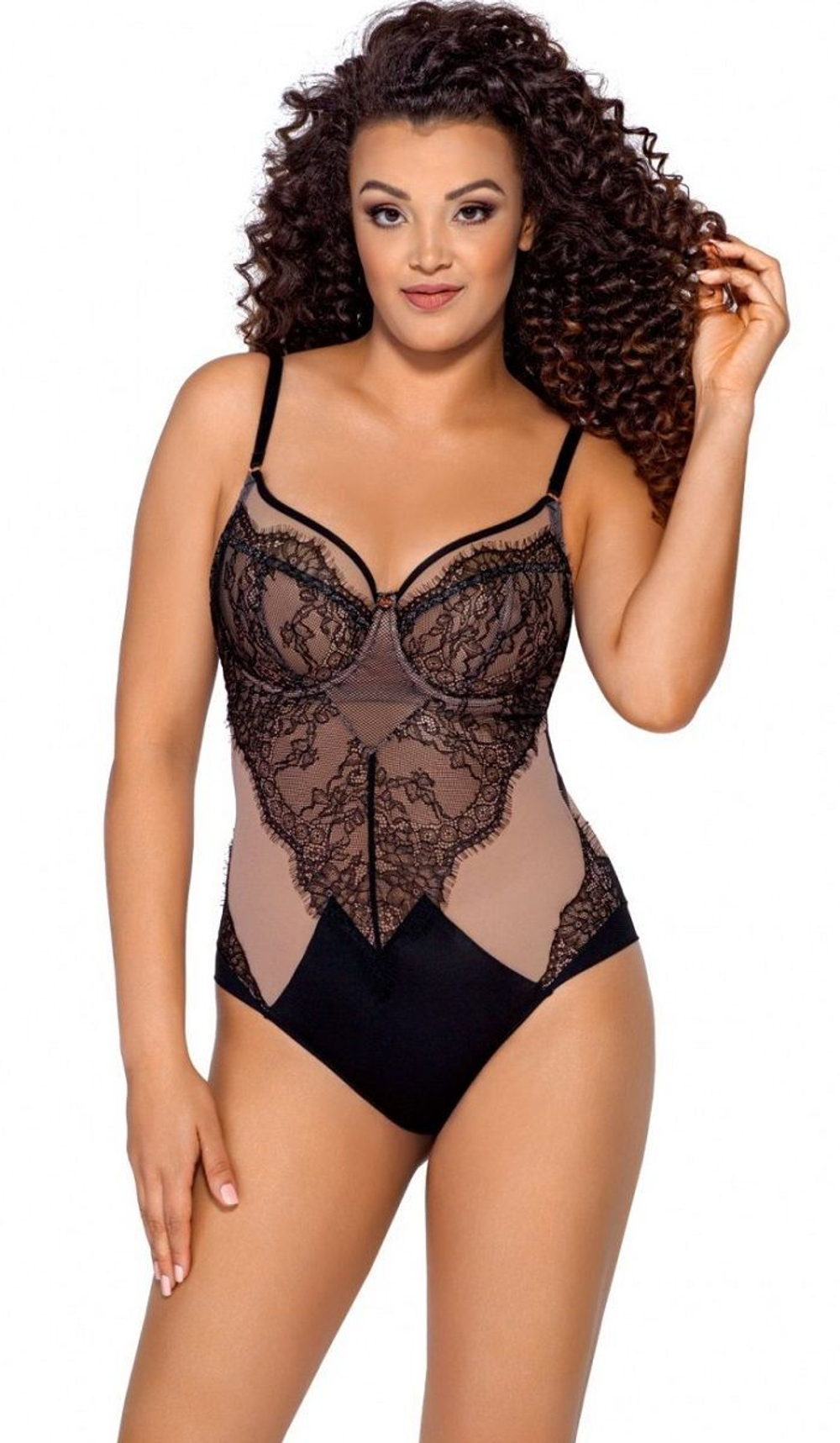 Элегантное боди из сетки и кружева с ресничками (Размер: 75I) (Цвет: черный)
